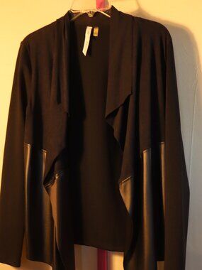 NY Collection Black Faux Leather/Suede Waterfall Cascade Open Front Jacket - Med